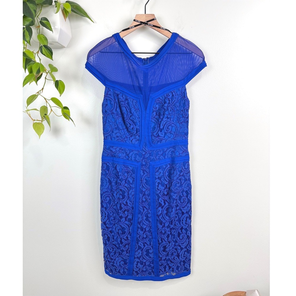 Tadashi Shoji Lace Cap Sleeve Dress Sheer Detail Pintuck Jersey Piping 6 Lapis
